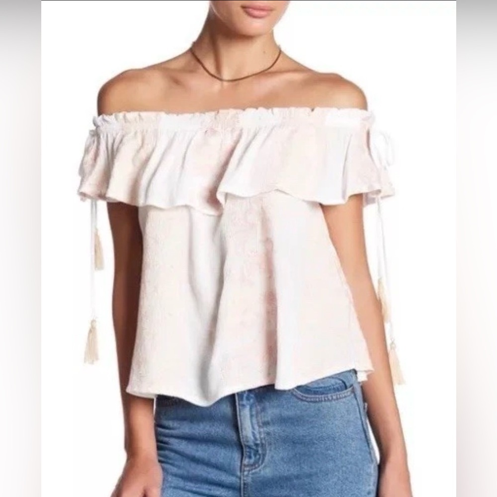 ASTR The Label Embroidered Off Shoulder Tassels Ruffle Neckline Top M